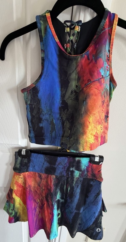 Donajo Multicolor Abstract Sleeveless Top & Ruffle Skirt Set Lace-up Size 1