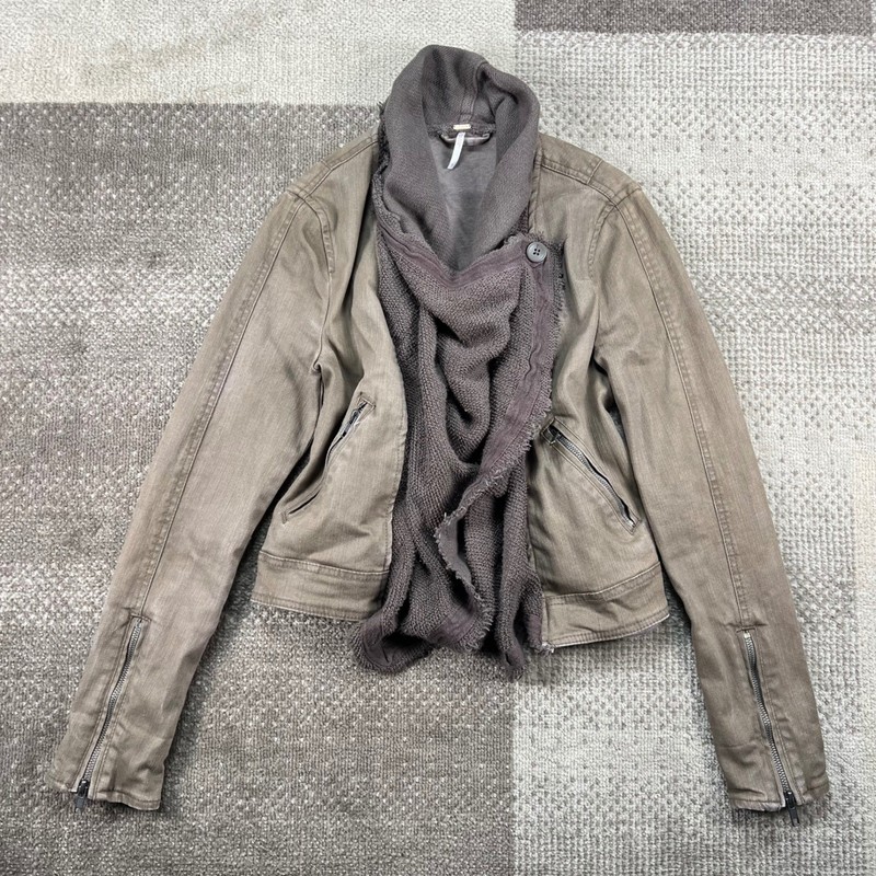 Free People Brown Cotton Moto Jacket with Knit Drape Inset Size 2 OB423403