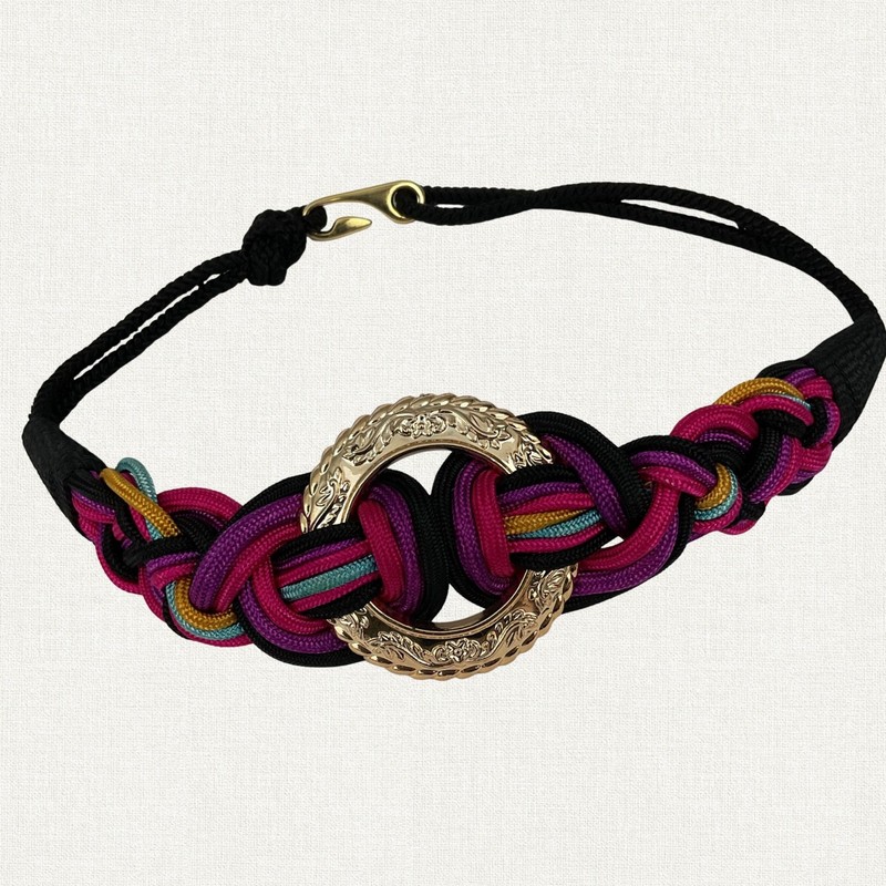 Vintage Woven Rope Belt M/L Gold Tone Ornate Buckle Black Pink Purple Taiwan gallery