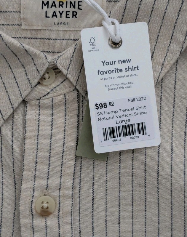 NWT Marine Layer Natural Vertical Stripe Hemp Tencel Mens Beige SS Button Up L gallery