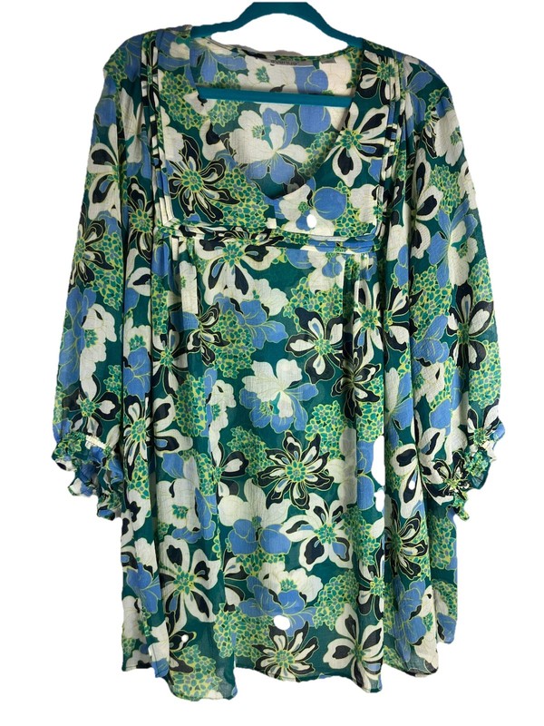 Avenue Women’s Semi-Sheer Blouse Size 26/28 Green Blue Artsy Pleated LS