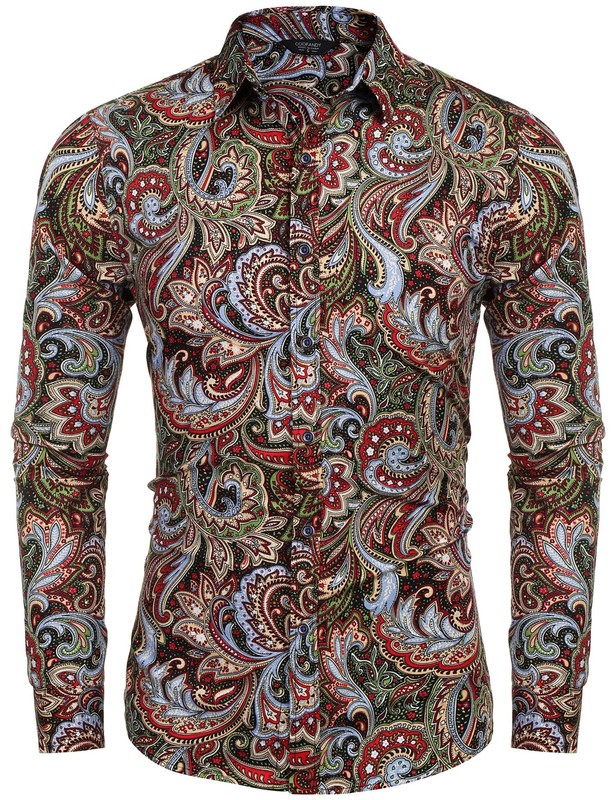 Men's Floral Print Button Down Casual Long Sleeve Hawaiian Shirt(Wine Red,L) gallery