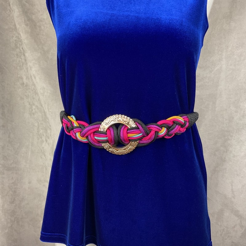 Vintage Woven Rope Belt M/L Gold Tone Ornate Buckle Black Pink Purple Taiwan gallery