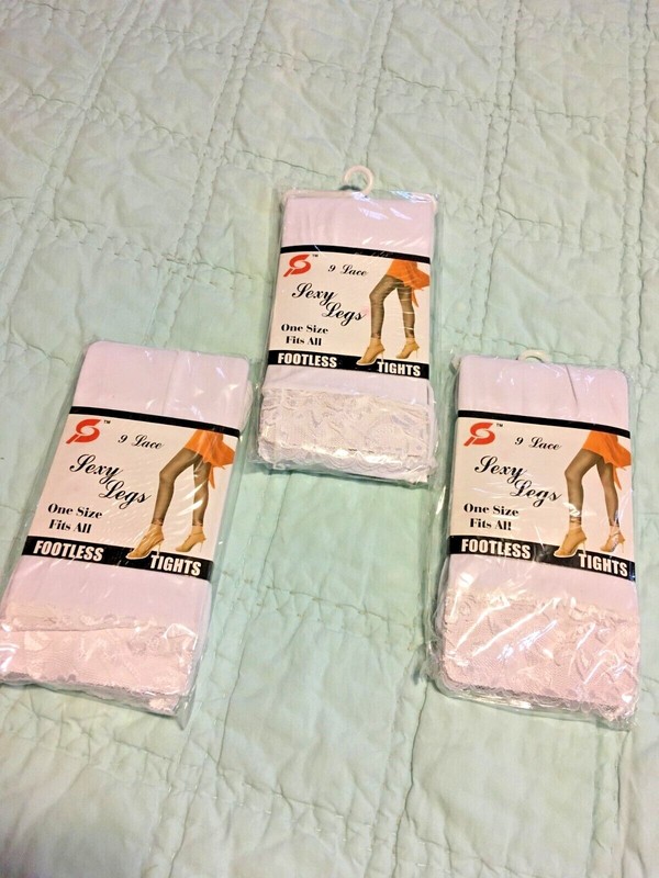 3 NEW PAIR SEXY LEGS LACE CUFF WHITE FOOTLESS TIGHTS FITS 4’10”-5’9” 100-165 LBS