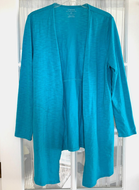 $69 Chicos Ultimate Tee Cotton Slub Cardigan w/pockets Turquoise 1 = 8/10 NEW