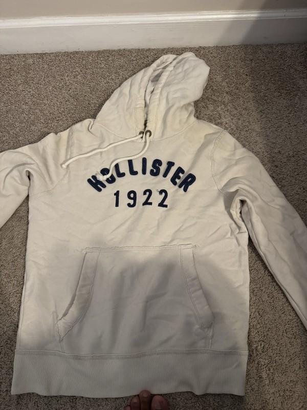 Hollister Men’s White 1922 Logo Pullover Hoodie w/ Pockets Drawstring Size L