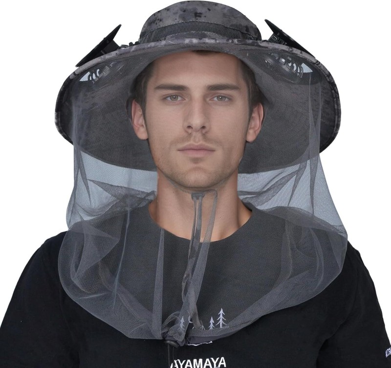 Mosquito Net Hat with Solar Fans Wide Brim Insect & Sun Protection Cap Fishing