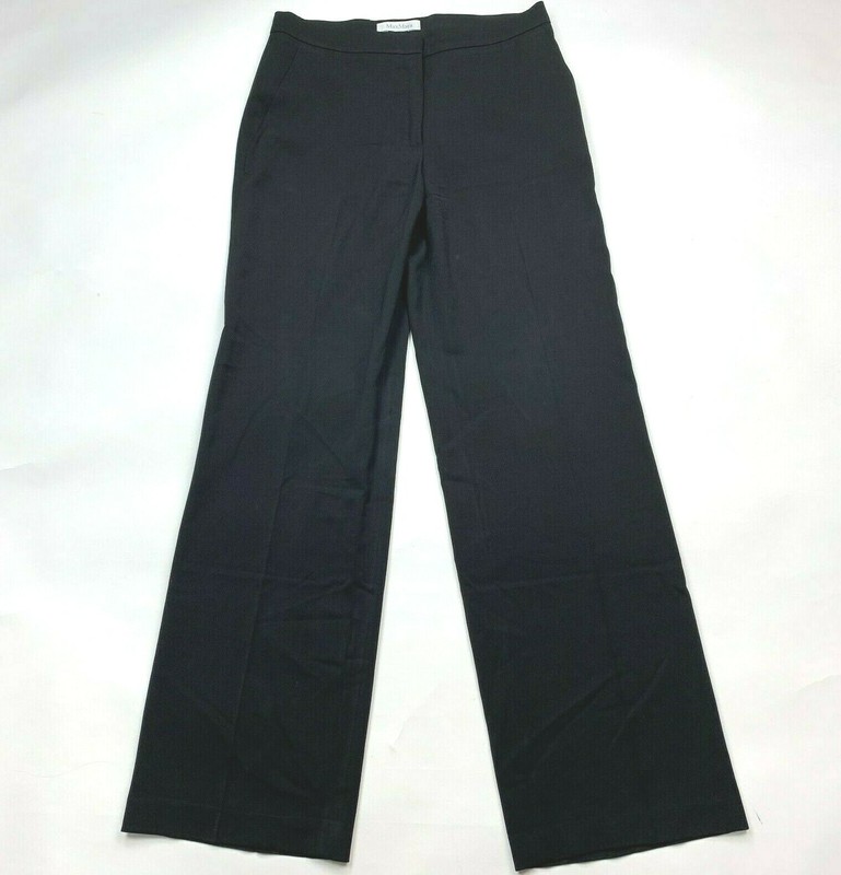 Max Mara Black Woolmark Blend Pants Pockets Flat Front Straight Leg Work Women 8