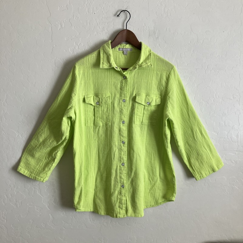Womens 14/16 Pearl Snap Shirt Roll Tab Sleeve Cotton Green Yellow Woman Within