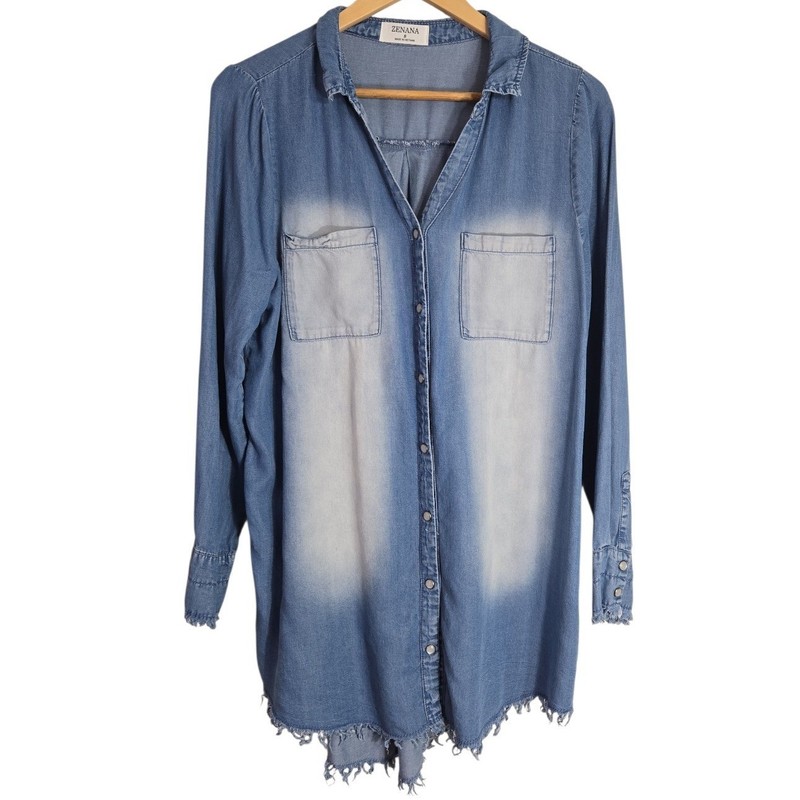 Zenana Womens Light Wash Lyocell Denim Tunic Shacket Frayed Hem S Cottage