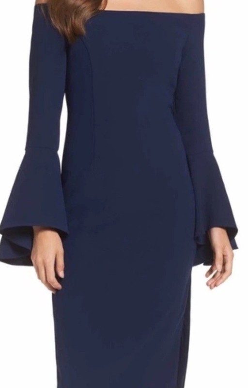 Bardot Navy Off The Shoulder Solace SheathDress Sz 6 Flouncy Sleeve NWT Iconic