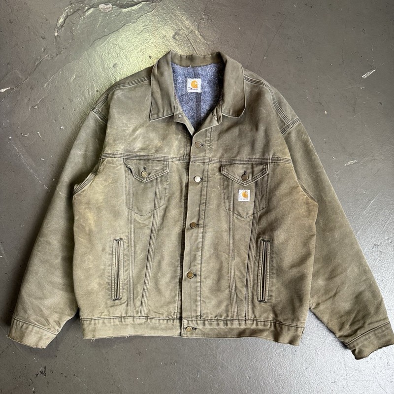 Vintage Carhartt JB142 Blanket Lined Distressed Canvas Trucker Jacket Olive