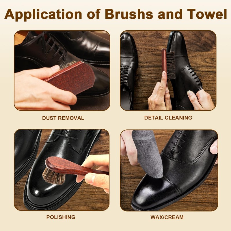 4 Piece Horse Hair Shoe Brush Kit Dark Red Leather Care Cleaning Brushes gallery