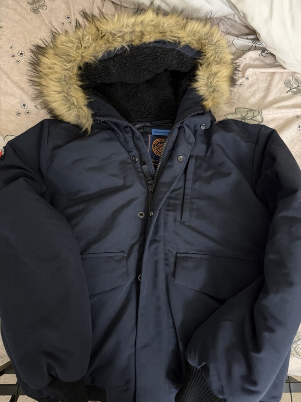 Superdry Men’s Navy Hooded Bomber Jacket Fur Trim Zip/Button Pockets Size L gallery