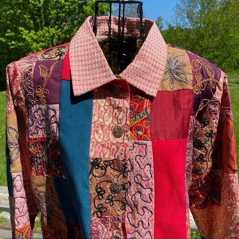 Vintage Alex Kim Wearable Art Patchwork Colorblock Sequined Jacket Petite Large gallery