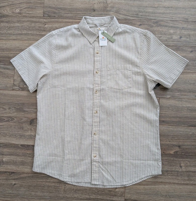 NWT Marine Layer Natural Vertical Stripe Hemp Tencel Mens Beige SS Button Up L