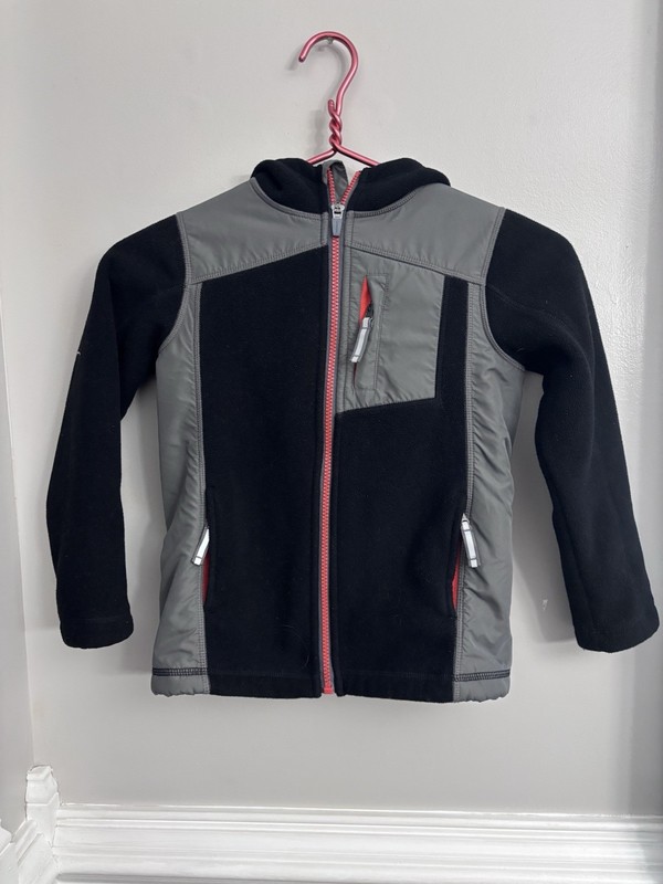 Lands End Kids Jacket Size 5-6 Black Gray Hooded Fleece Lined Pockets Cold Boys