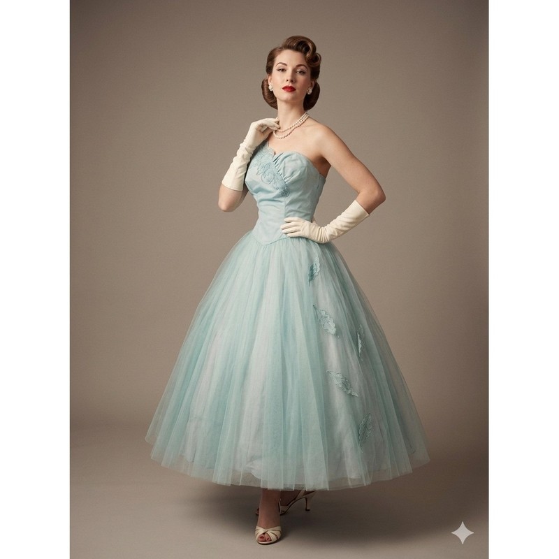 Vintage 1950s Pastel Blue Tulle Embroidered One Shoulder Prom Party Dress cute S