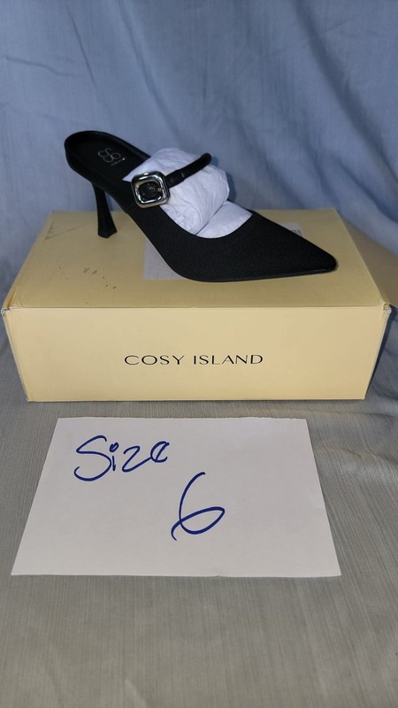 Cosy Island Women’s Black Woven Pointed Toe Mule Stiletto Buckle Strap US 6