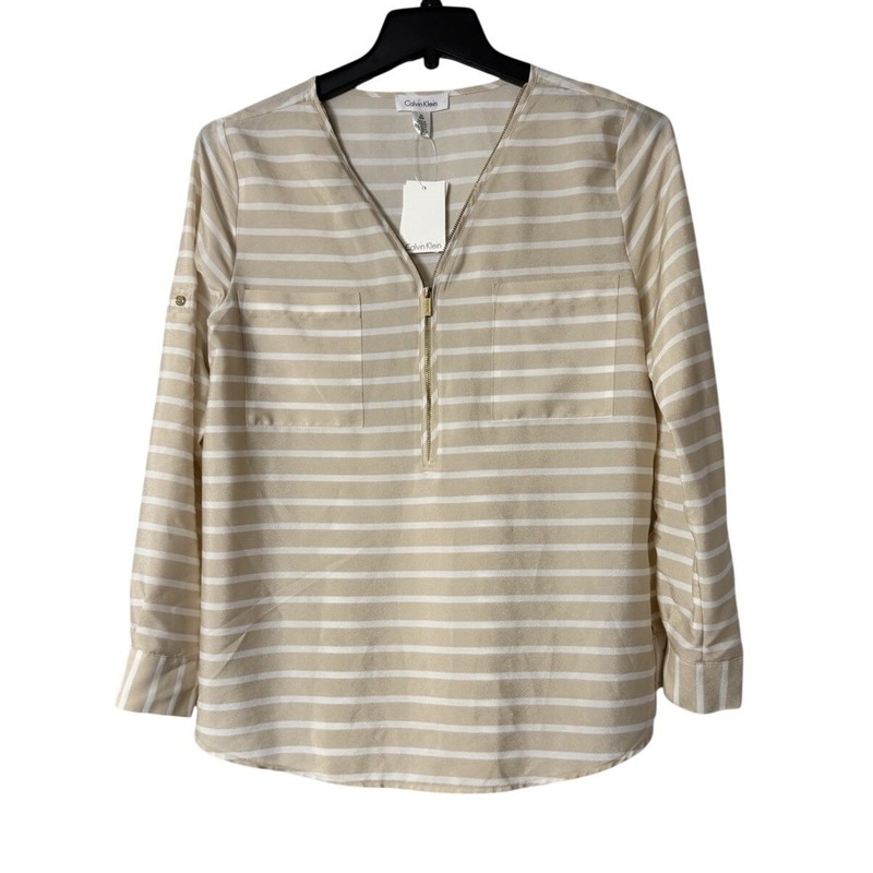 NWT Calvin Klein Womens Long Roll Tab Sleeve Beige White Zipped Top Shirt Medium