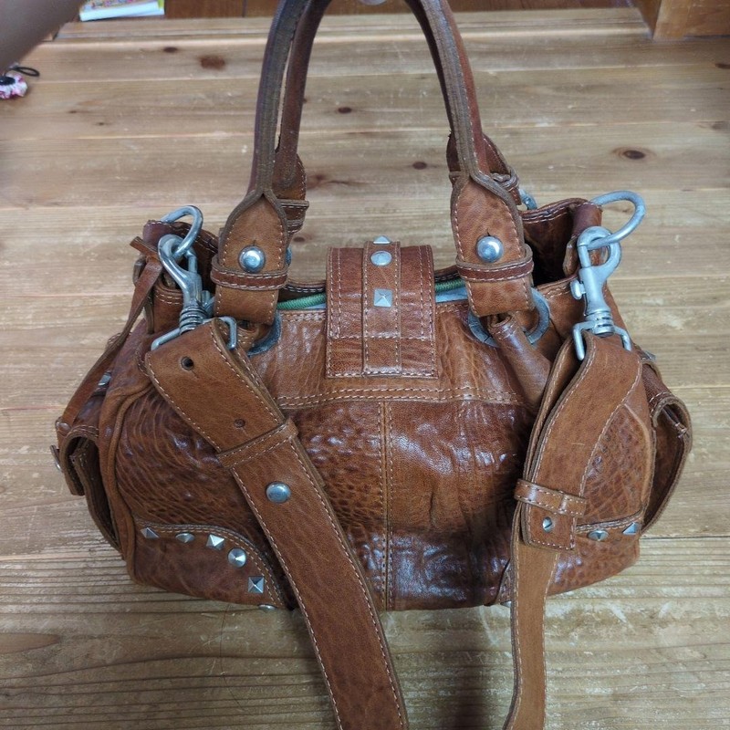 Via Repubblica Studded Brown Leather Handbag Detachable Shoulder Strap Good Rare