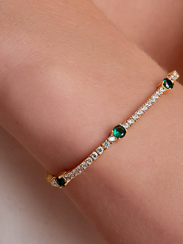 lab Created Emerald Tennis Bracelet For Women’s Round Cut 14K Yellow Gold Plated