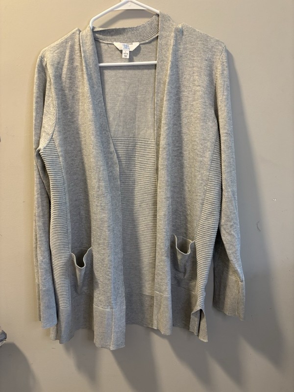 TIME and TRU Grey Heather Open Front Sweater Cardigan Side Slits Pockets L NWOT