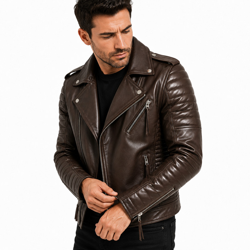 Men’s Dark Brown Real Lambskin Leather Biker Jacket Quilted Motorcycle Moto Coat gallery