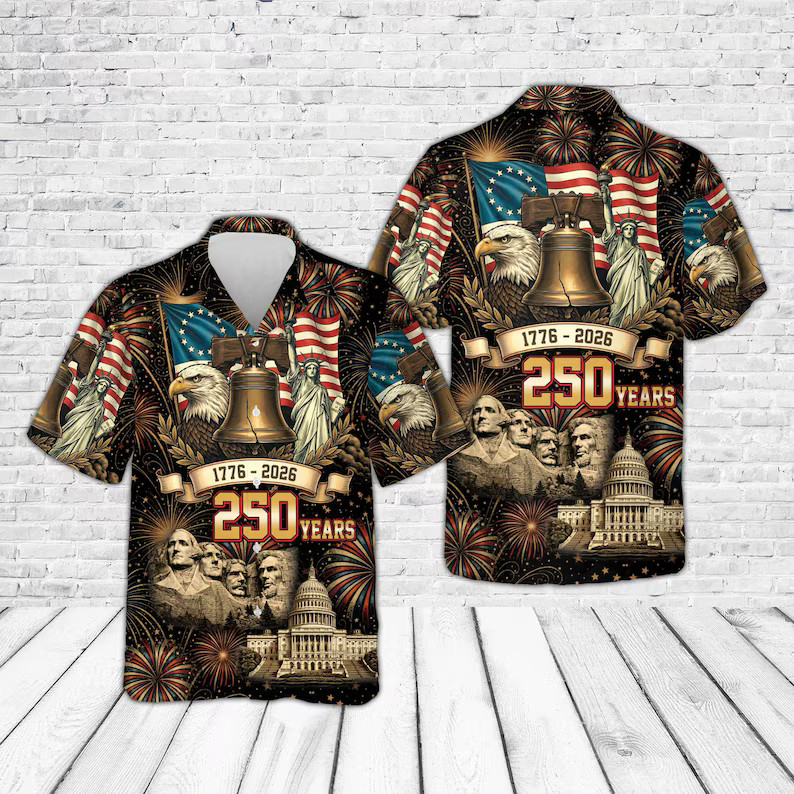 250 Years USA Hawaiian Shirt, America 250 Button Shirt, Patriotic Eagle Statue