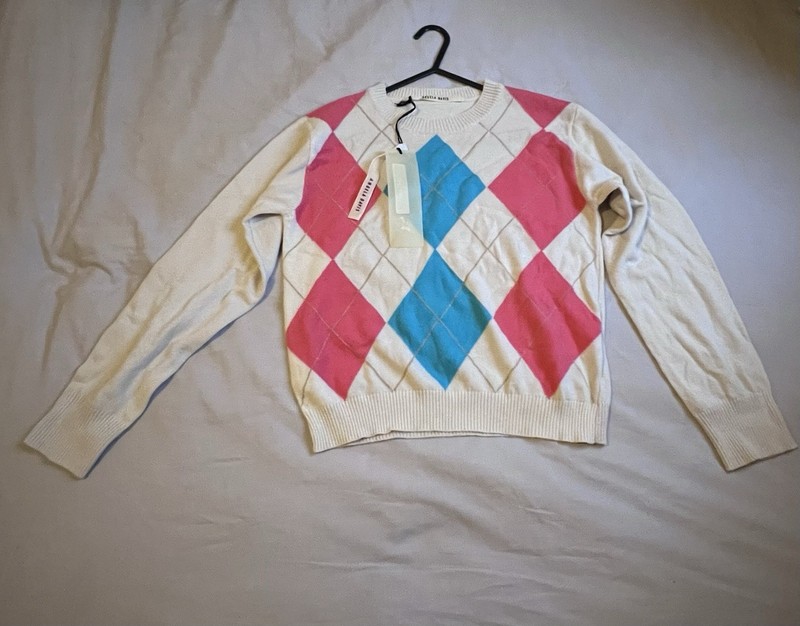Angela Davis Argyle Pattern Sweater Pink and Blue Diamond Patterns BNWT Size M