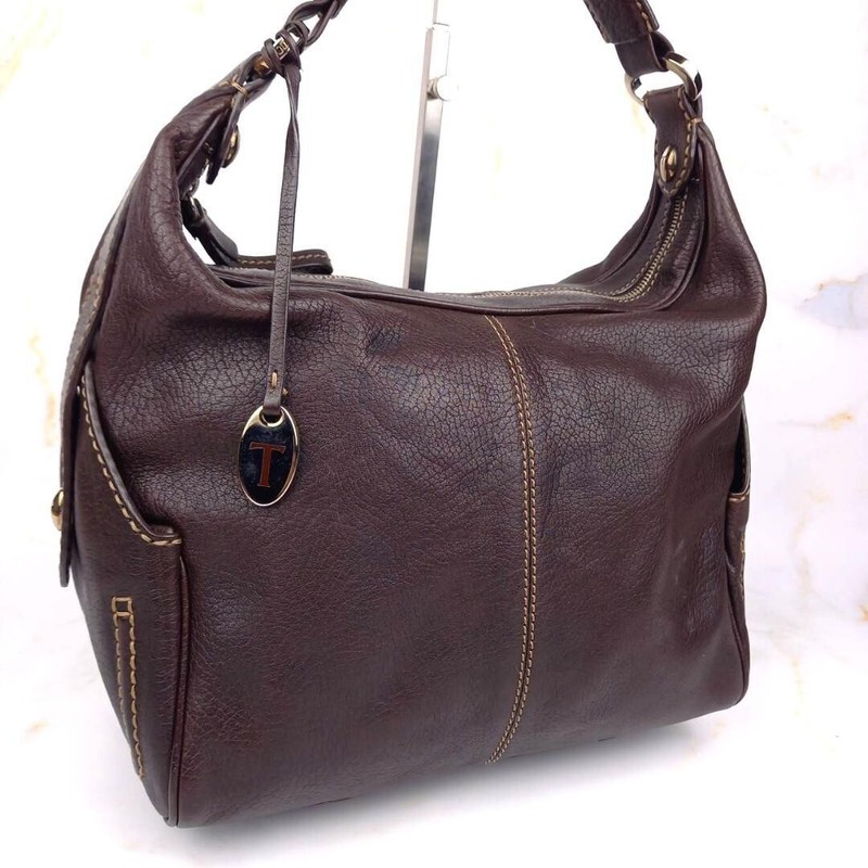 TOD’S One Shoulder Leather Bag Dark Brown 30x22cm Gold Hardware Purse Auth