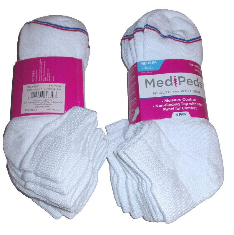 Womens 8 Pairs Medipeds Cushioned & Vented Non Binding Diabetic Low Cut Socks