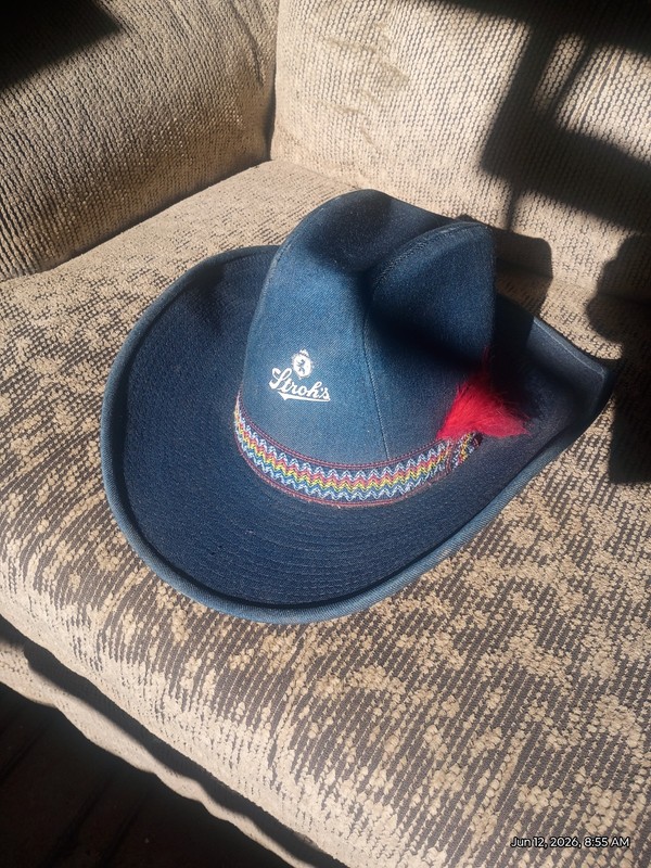 VINTAGE STROH’S BEER DENIM COWBOY HAT WITH RED FEATHER INTACT MOSTLY