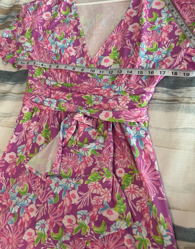 Lilly Pulitzer Anchorage Faux Wrap Midi Dress Amethyst Mom’s the Word Size M EUC gallery