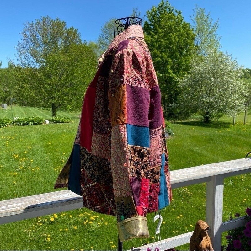 Vintage Alex Kim Wearable Art Patchwork Colorblock Sequined Jacket Petite Large gallery