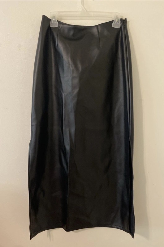 VTG 90s MB DESIGNS Black Faux Leather Maxi Skirt Side Slits Zipper 38” Size 9