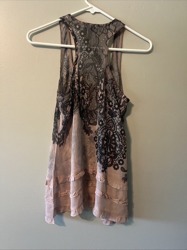 Women’s Y2K Fang Razorback Blush Pink Black Sleeveless Semi Sheer Tank Top Small gallery
