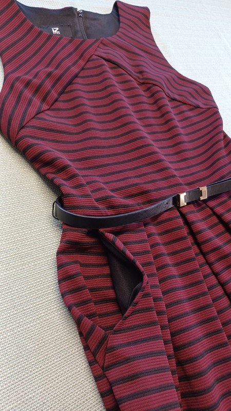 iZ Byer Sleeveless Dress Size 7 Wine Red & Black Stripe Fit & Flare W/Pockets gallery