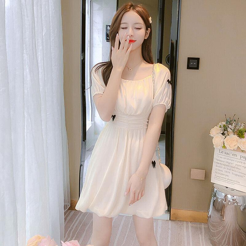 Women’s Square Neck Mesh Dress Lolita Short Sleeves Summer Slim Fit Fashion OL
