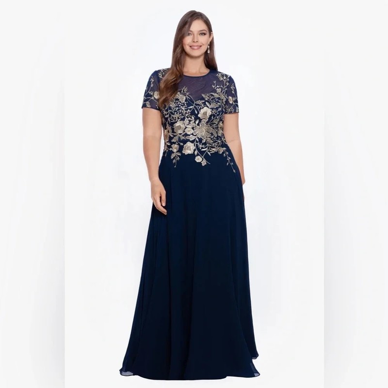 Betsy & Adam Navy Blue Gold Embellished Bodice Chiffon Gown Dress Size 20W $289