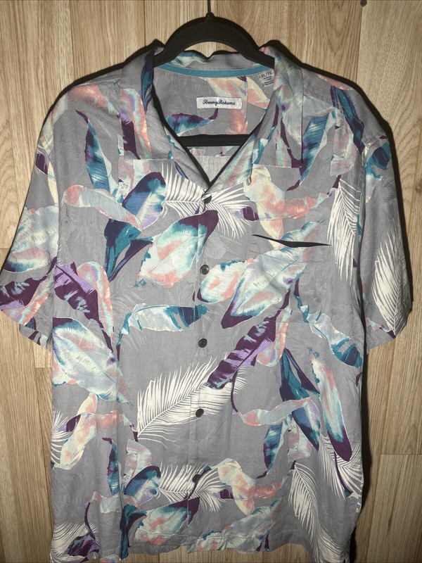 TOMMY BAHAMA Shadow Fronds Silver Gray Feathers Silk Hawaiian Shirt Sz XL Rare