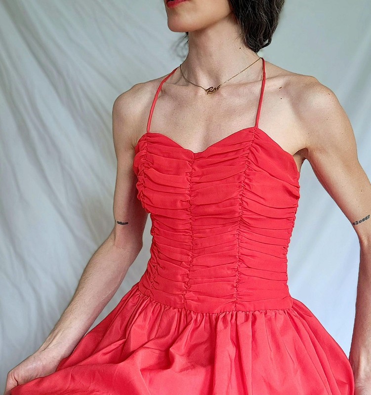 1970s Vintage Ruched Red Party Dress: Joy Stevens, Women’s Small