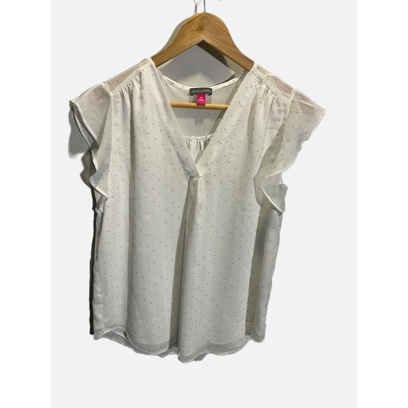 Vince Camuto Studded Flutter Sleeve Blouse Womens Medium White V-Neck Chiffon To