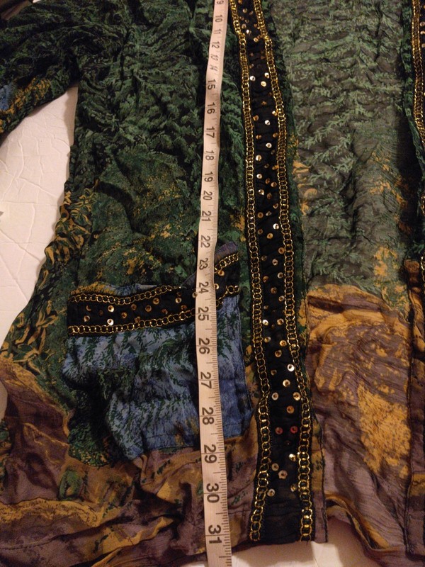 Womens Elegant Sheer Artsy Open Front Duster Size L Gold Hem Trim Unique Flowy gallery
