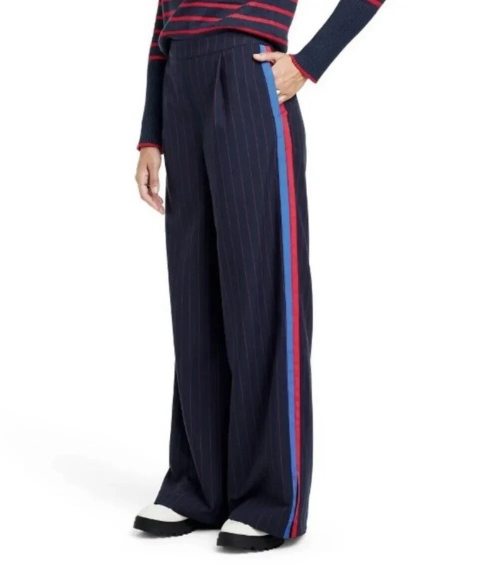 La Ligne Women Wide Leg Pants, Size XXS, Navy Blue Stripe