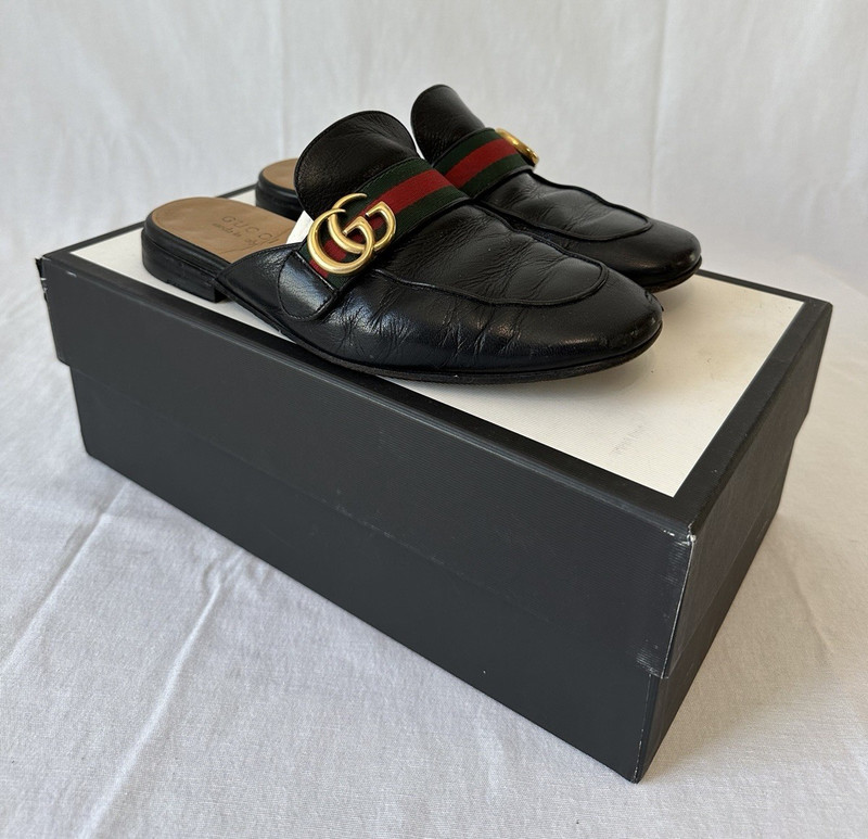Gucci Princetown Mules Black Leather Horsebit GG Slide Loafers Mens EU 7 / US 8