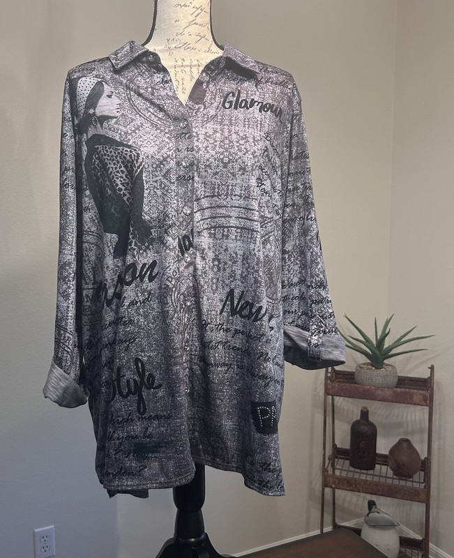 Ali Miles Roll Tab Sleeve Paris Fashion Travel Tunic Gray Black Women’s Size 1X