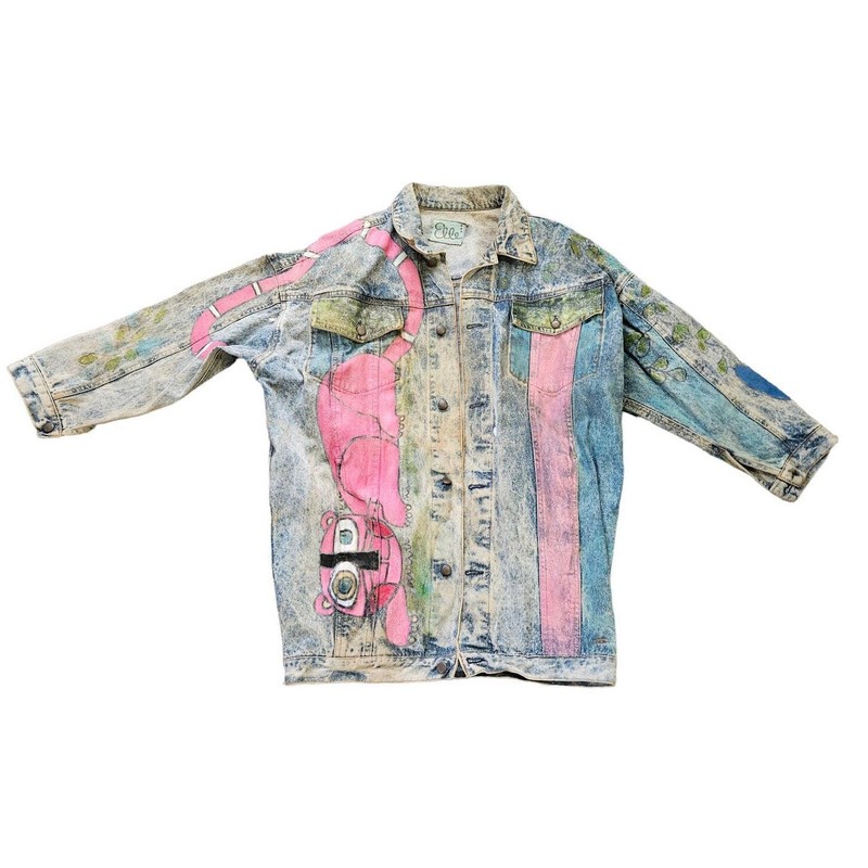 Vintage 90s Hand Painted Cat Jean Jacket Distressed Art To Wear Acid Wash Boho gallery