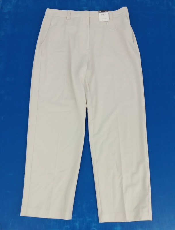 M&S Women’s Trousers Ecru Straight Leg High Rise Pockets Zip Elastic Waist New