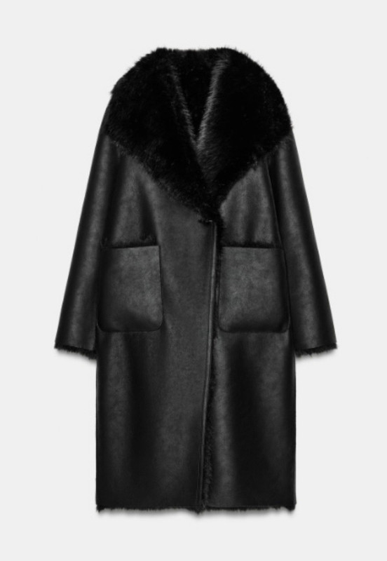Zara Black Long Overcoat Sz S Faux Leather Fur Trim Collar Hook & Eye Pockets